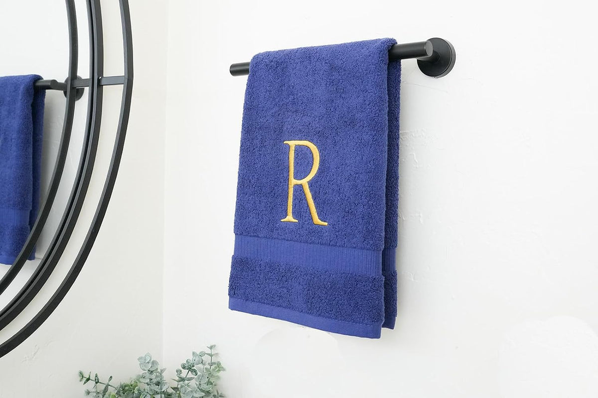 Navy with Gold Monogrammed Hand Towels for Bathroom - Set of 2 Letter R | Luxury Hotel Quality Initial Towels For