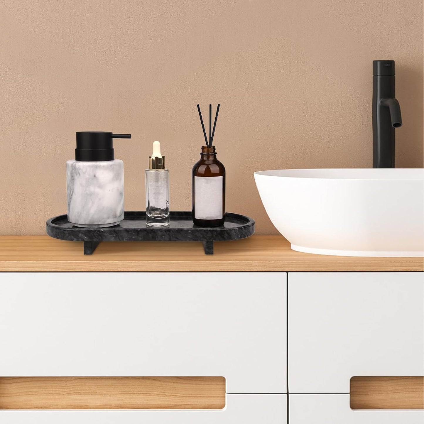 Marble Oval Bathroom Vanity Tray / Black Grey with Leg