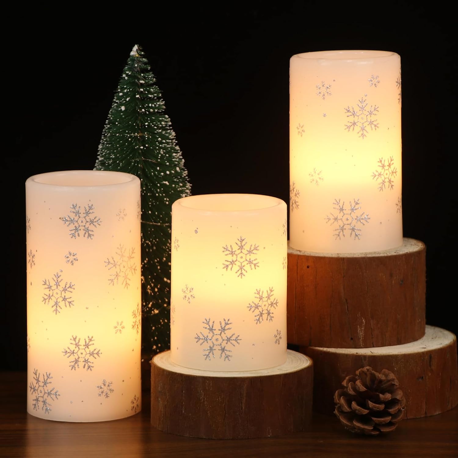 Silver Snowflake Flameless Candles Battery Operated with 6H Timer | LED Pillar Candles Flickering, Real Wax Warm Light
