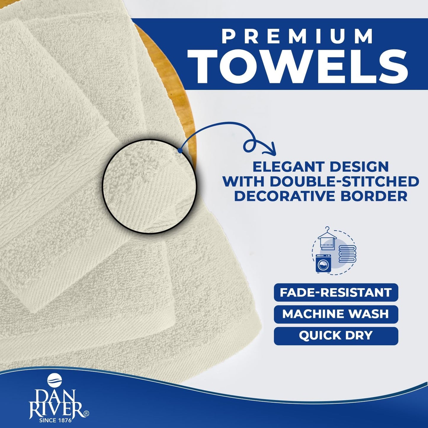 DAN RIVER 8 Piece Luxury Bath Towels for Bathroom, Towel Set, Ivory | 2 Bath towels, 2 Hand towels, and 4 Wash Cloths