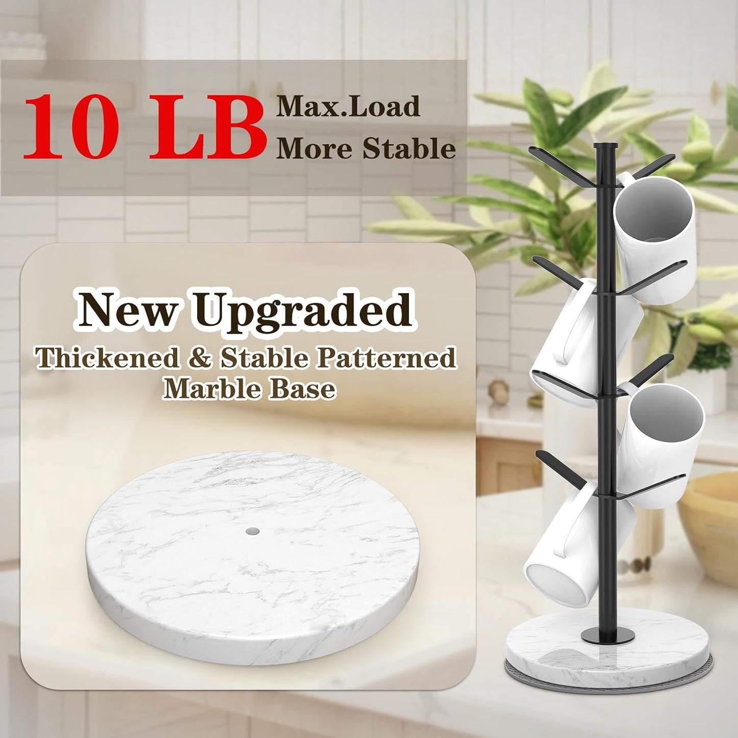 Marble Mug Holder Tree with 2–8 Adjustable Hooks | Detachable Stainless Steel Coffee Cup Stand with Modular Height and