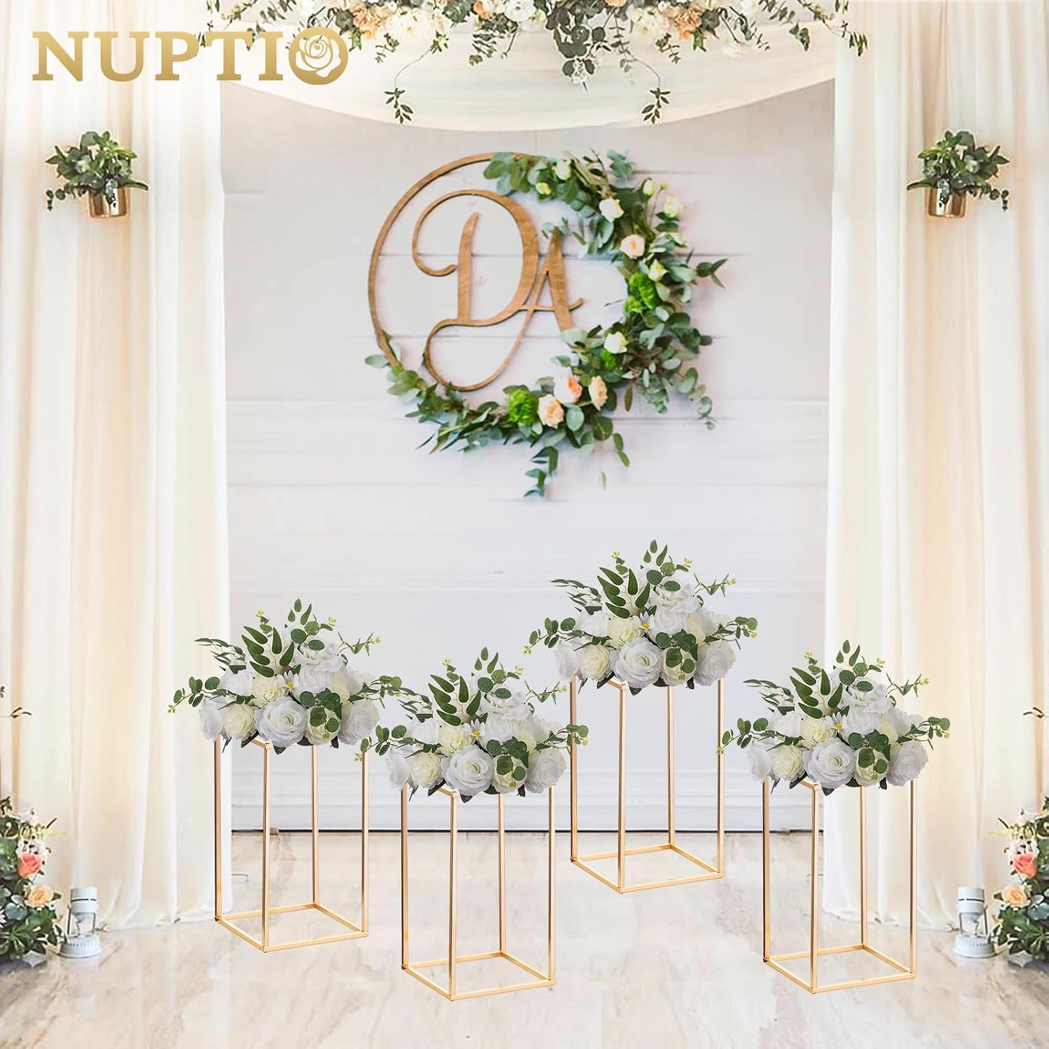 NUPTIO Gold Stands for Centerpieces, Geometric Column, 15.75" Tall, 2 Pcs | Metal Flower Holder, Rectangular Display