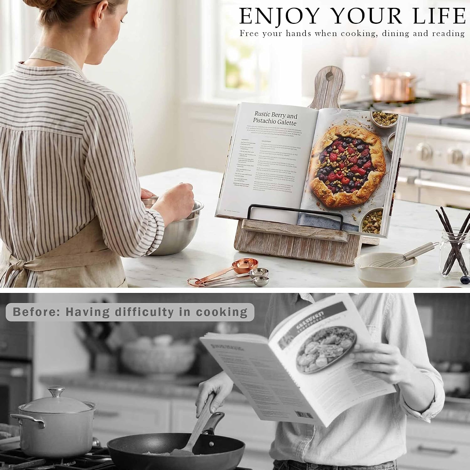Grey Cookbook Stand for Kitchen Counter: Wooden Recipe Book Holder | Solid Wood with Measurement Chart, Holds 2" Thick