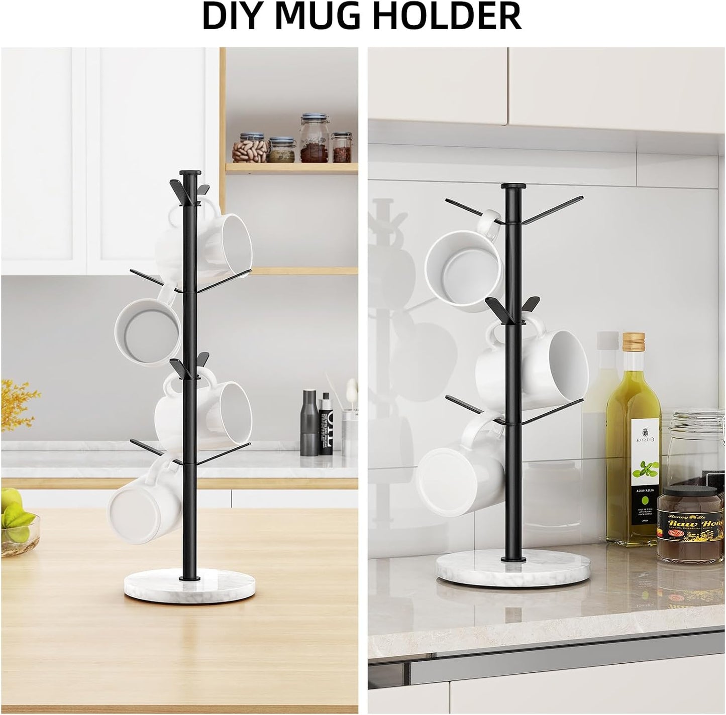 Gypie Marble Mug Holder Tree, 8 Hooks Small Coffee Cups Stand, Black | Mug Holder Stand, Small Mug Rack for Kitchen