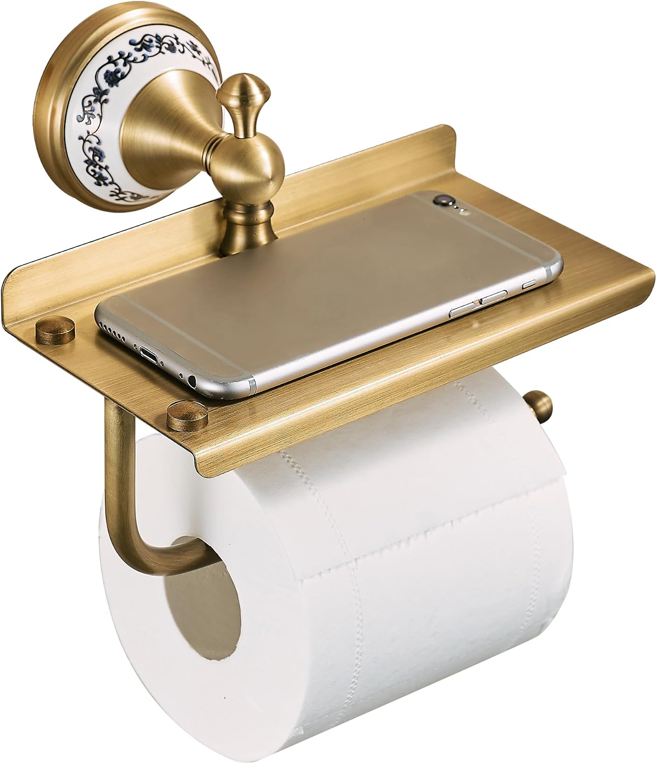 Toilet Paper Holder with Phone Shelf, Bathroom Toilet Paper Roll Holder Antique Bronze Brass Wall Mounted Bathroom