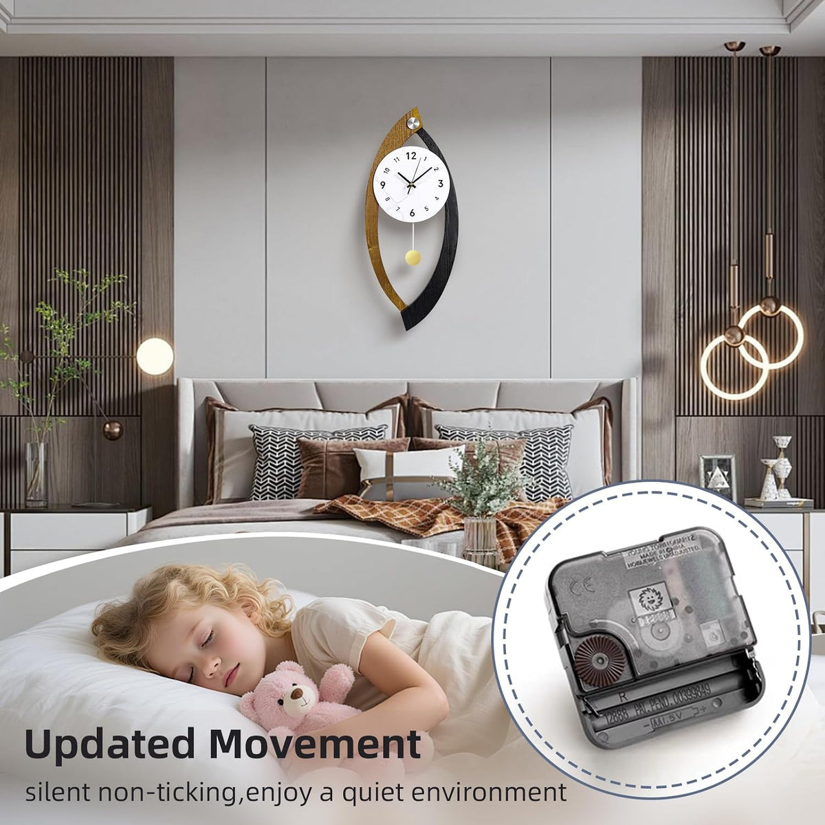 23.6 x 9.8inch Decorative Wall Clocks with Pendulum Solid Wood Frame | Large Modern Unique Clock for Wall Decor Living