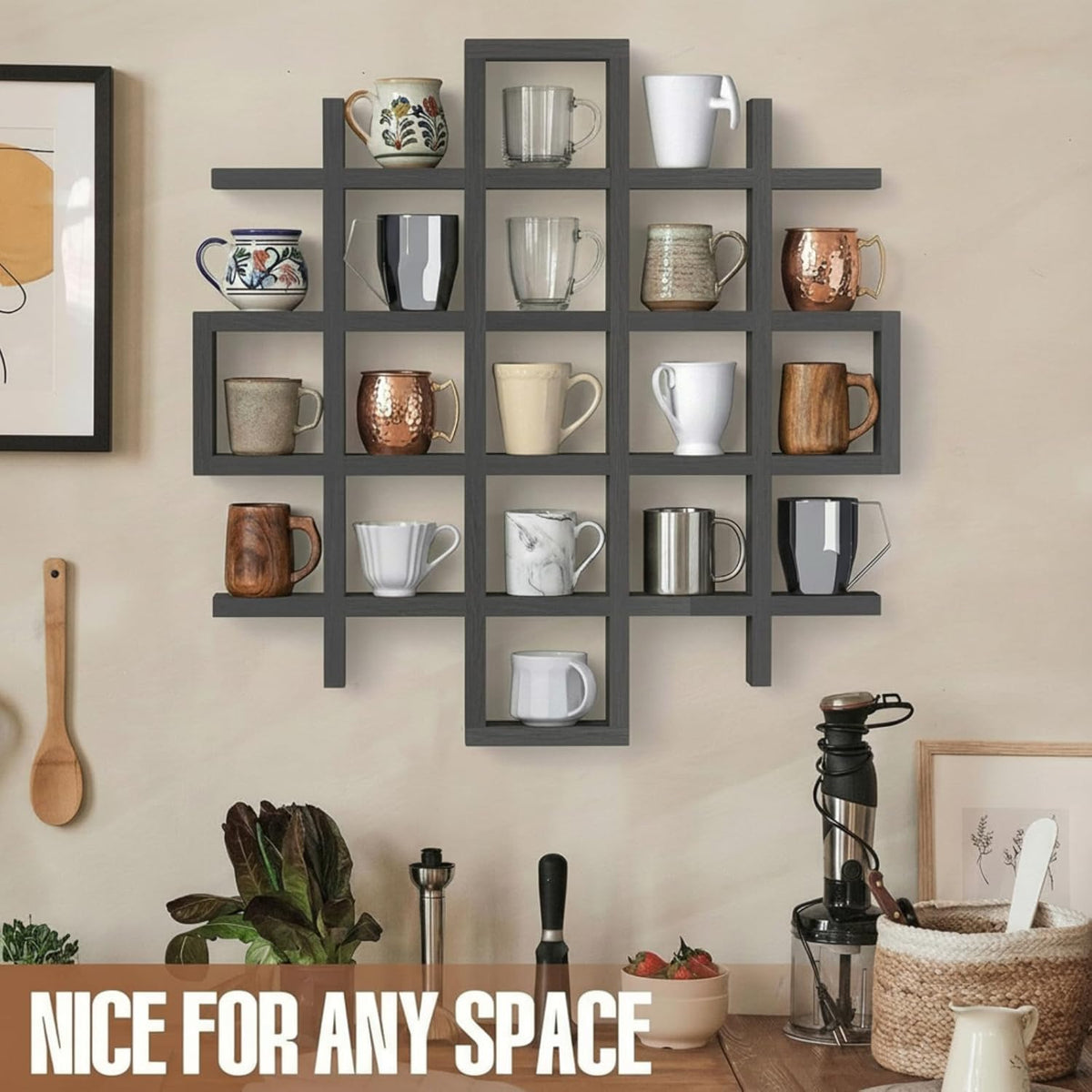 Suzile Mug Display Shelf Wall Mounted,Grid Size 5.1x5.1x3in,Grey | Rustic Wood Floating Shadow Box for Coffee Mugs