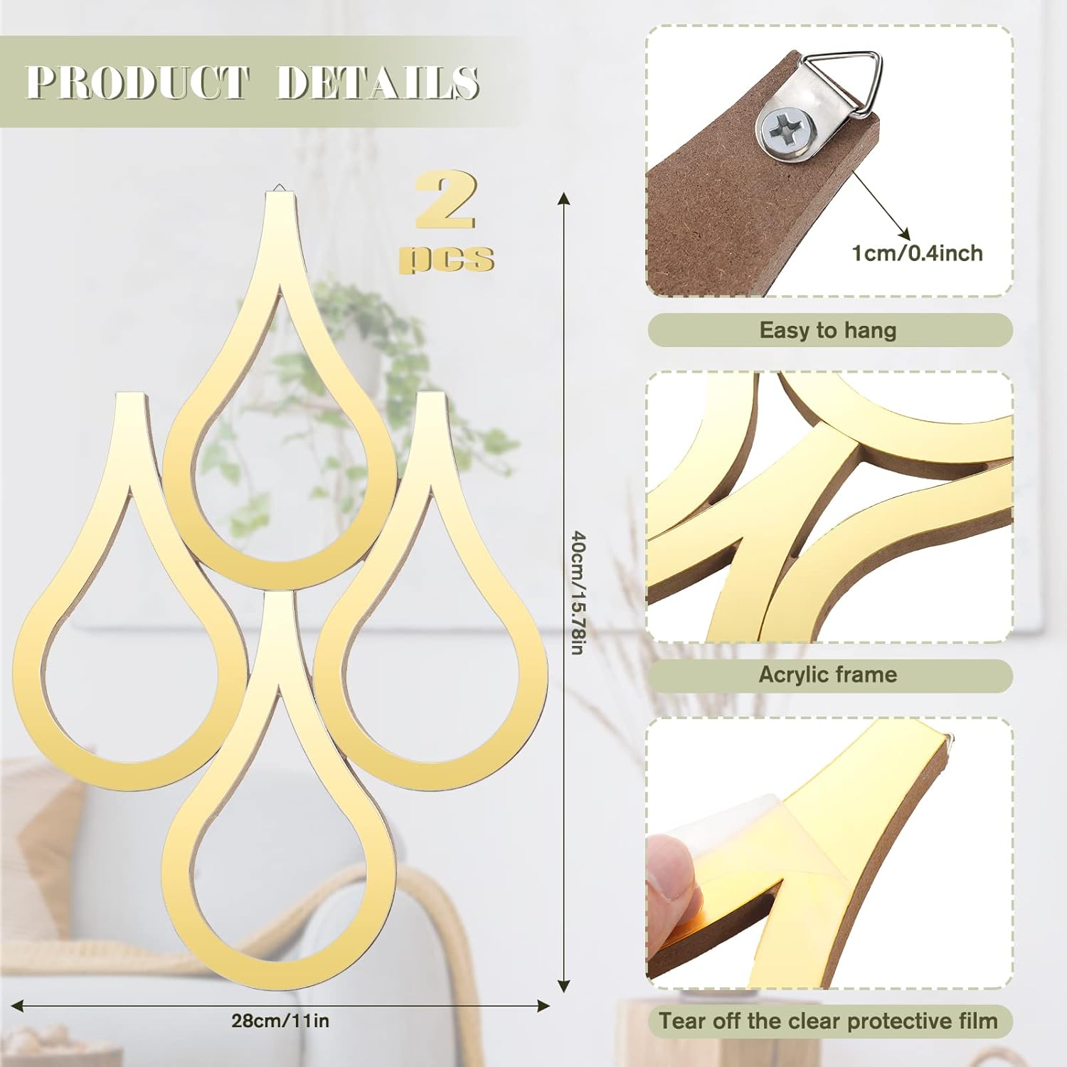 Teardrop Wall Mirror Hanging Wall Mounted Decorative Accent Mirror / Gold / Set of 2
