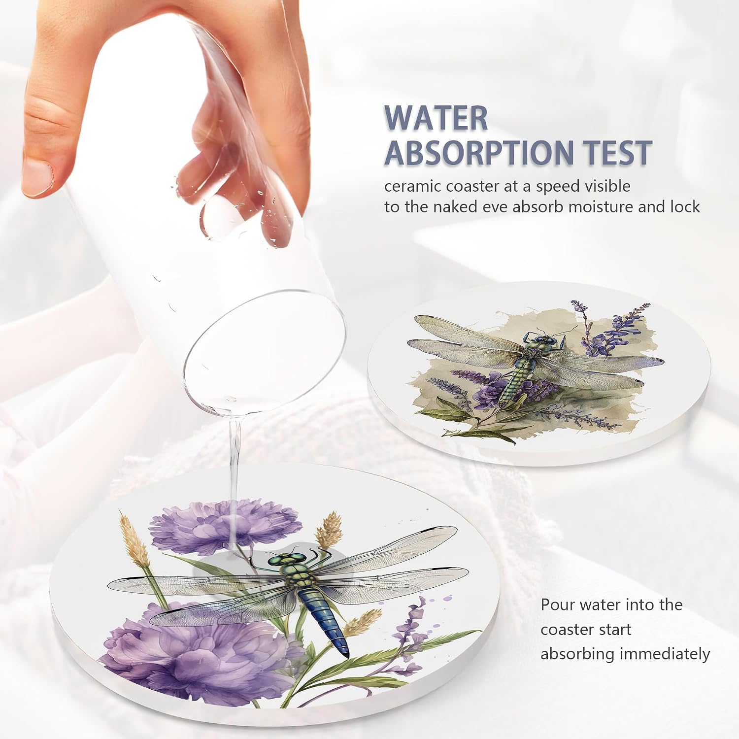Absorbing Round Ceramic Stone Coaster / Dragonfly Flower / Set of 6