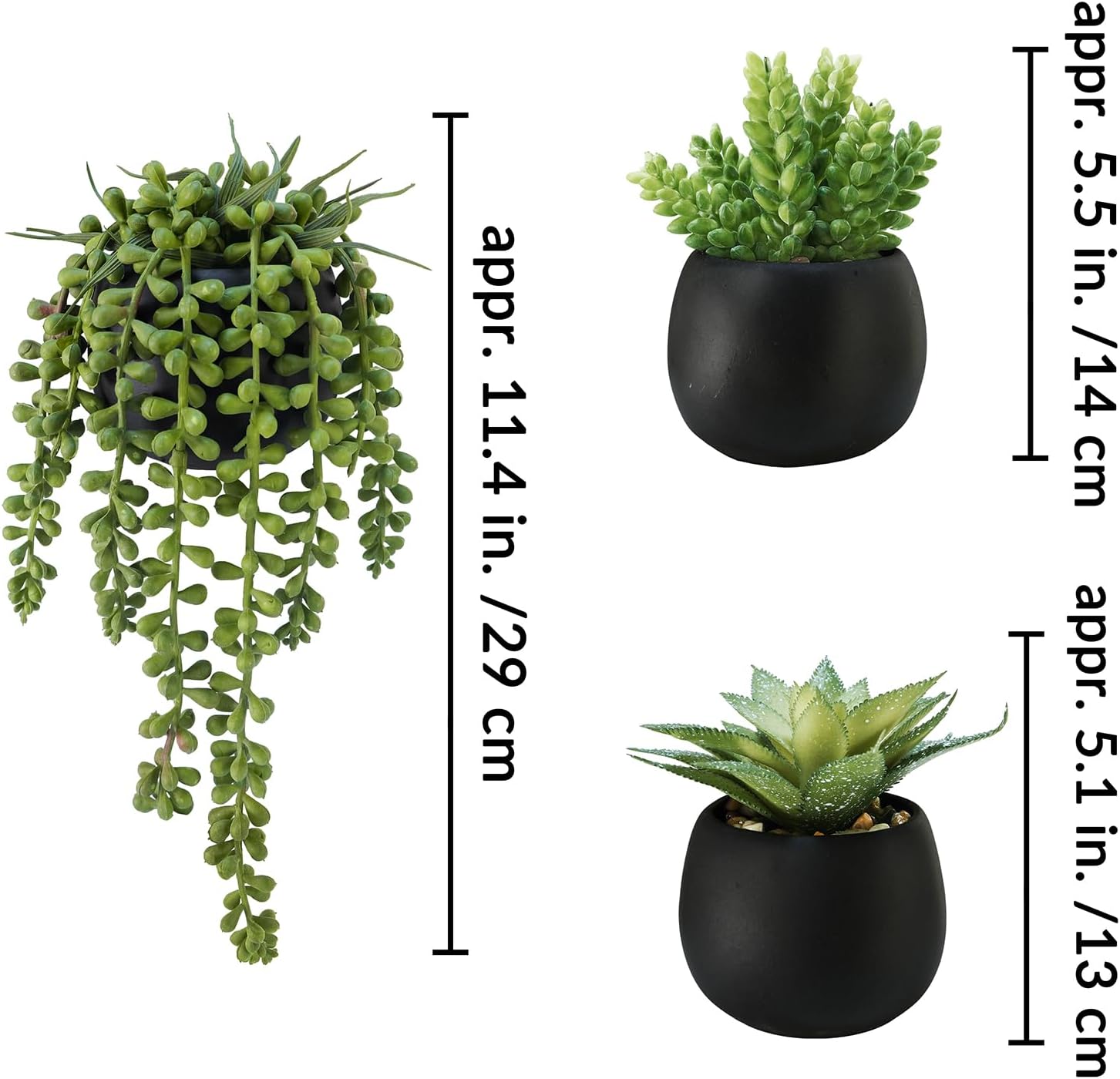 Artificial Succulents Plants in Black Cement Planters Faux Potted / Black Cement Pots / Set of 3