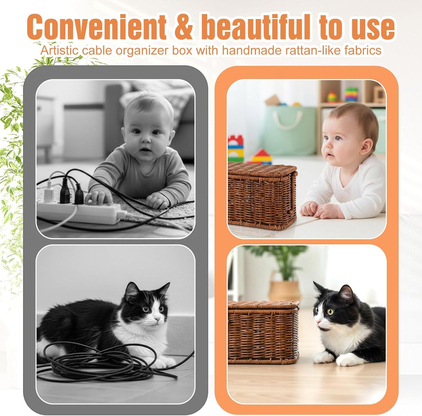 Cable Management Box Handmade Rattan Cable Organizer Stylish Hider Box