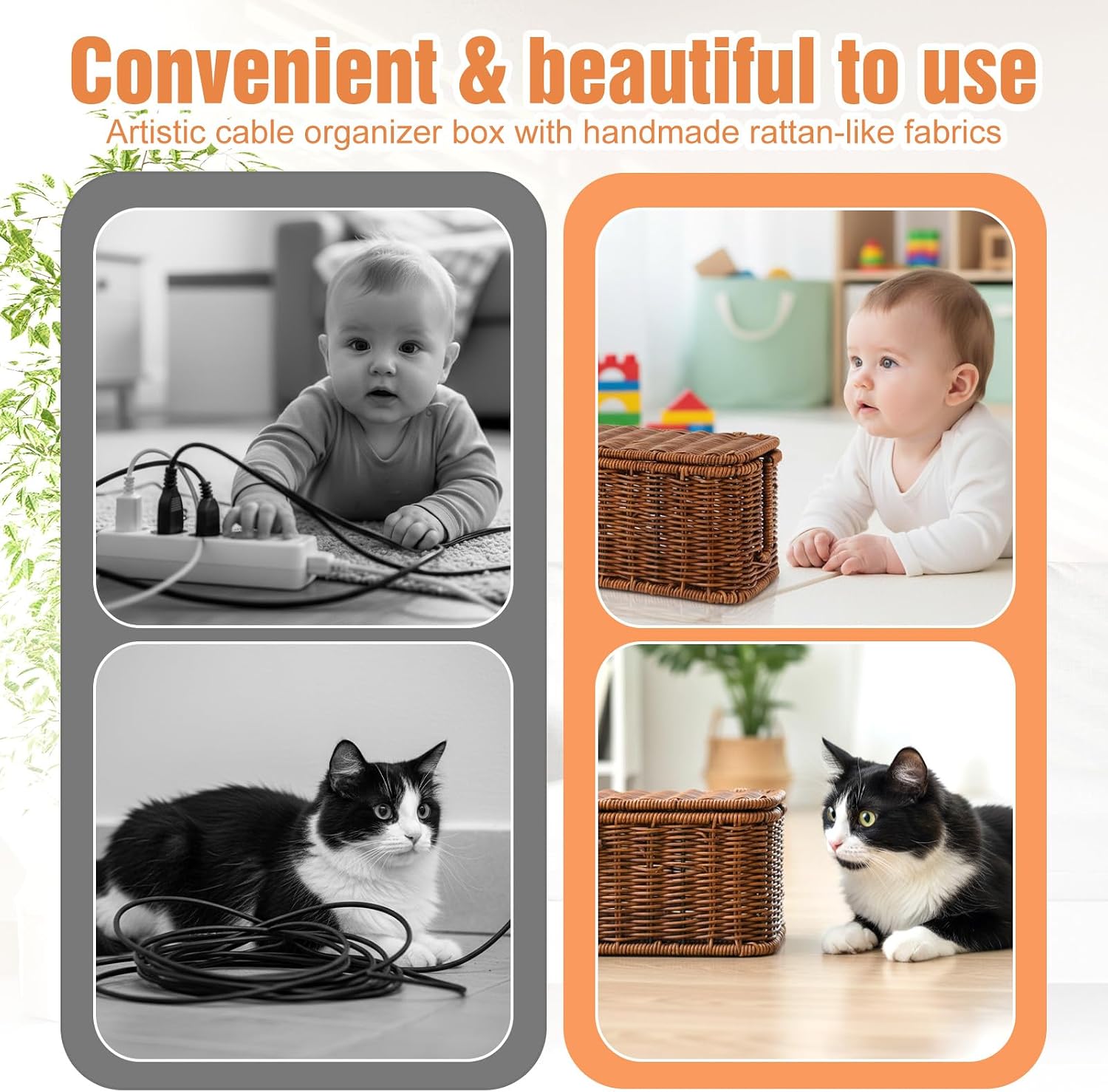 Cable Management Box Handmade Rattan Cable Organizer Stylish Hider Box