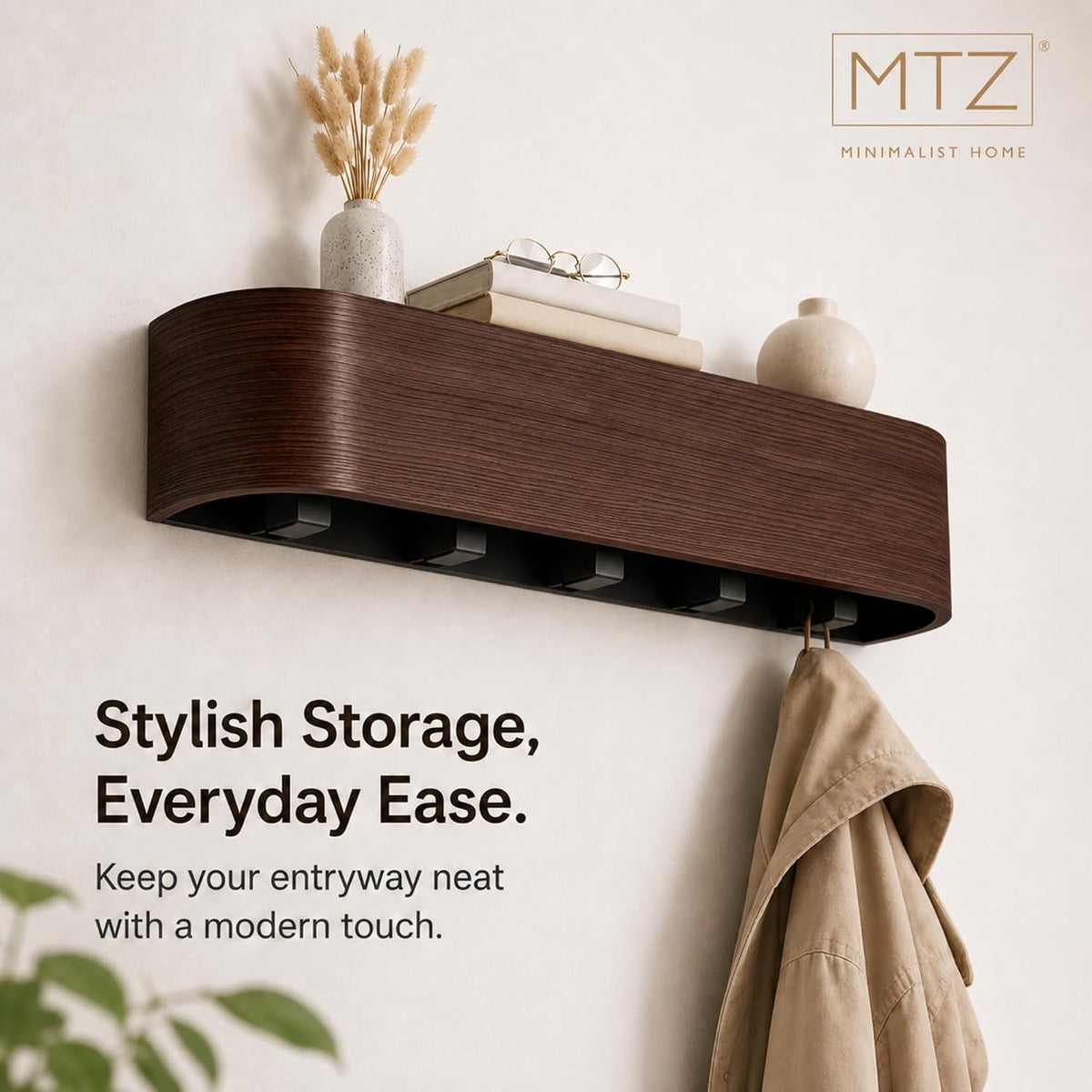 MTZ Solid Wood Wall Mounted Coat Rack with Shelf & 5 Hidden Hooks (Walnut) | Minimalist entryway wall hook rack for