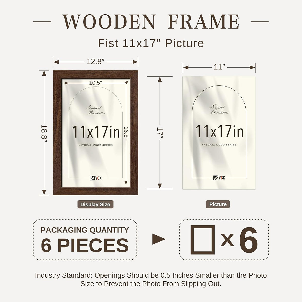 VCK 11x17 Picture Frame Set of 6, Elegant Brown Wood Prints Frame | 1.1in Wide Border, Wall Hanging, HD Plexiglass