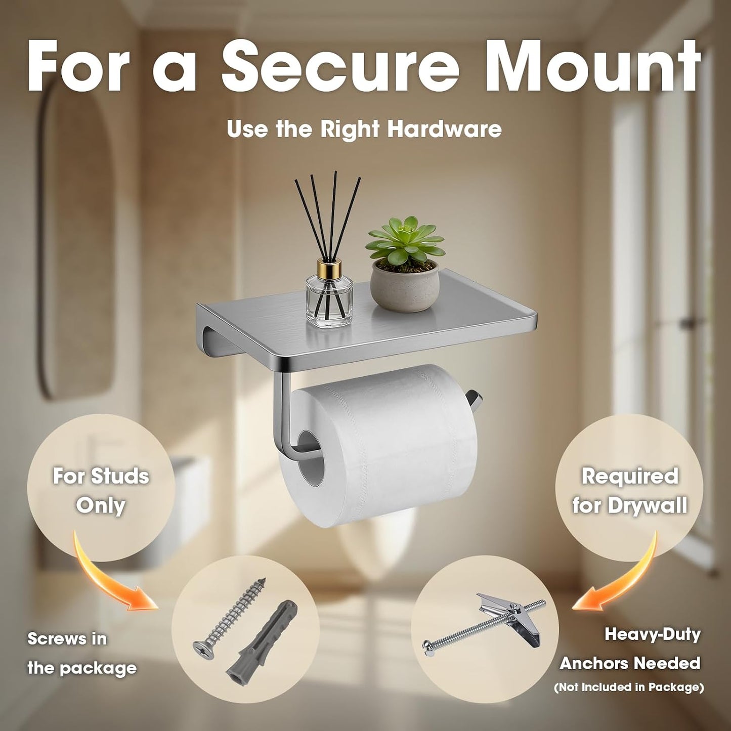 TRUSTMI Toilet Paper Holder with Shelf & Phone Stand, Brushed Nickel | Solid zinc alloy holder holds 15 lbs and fits