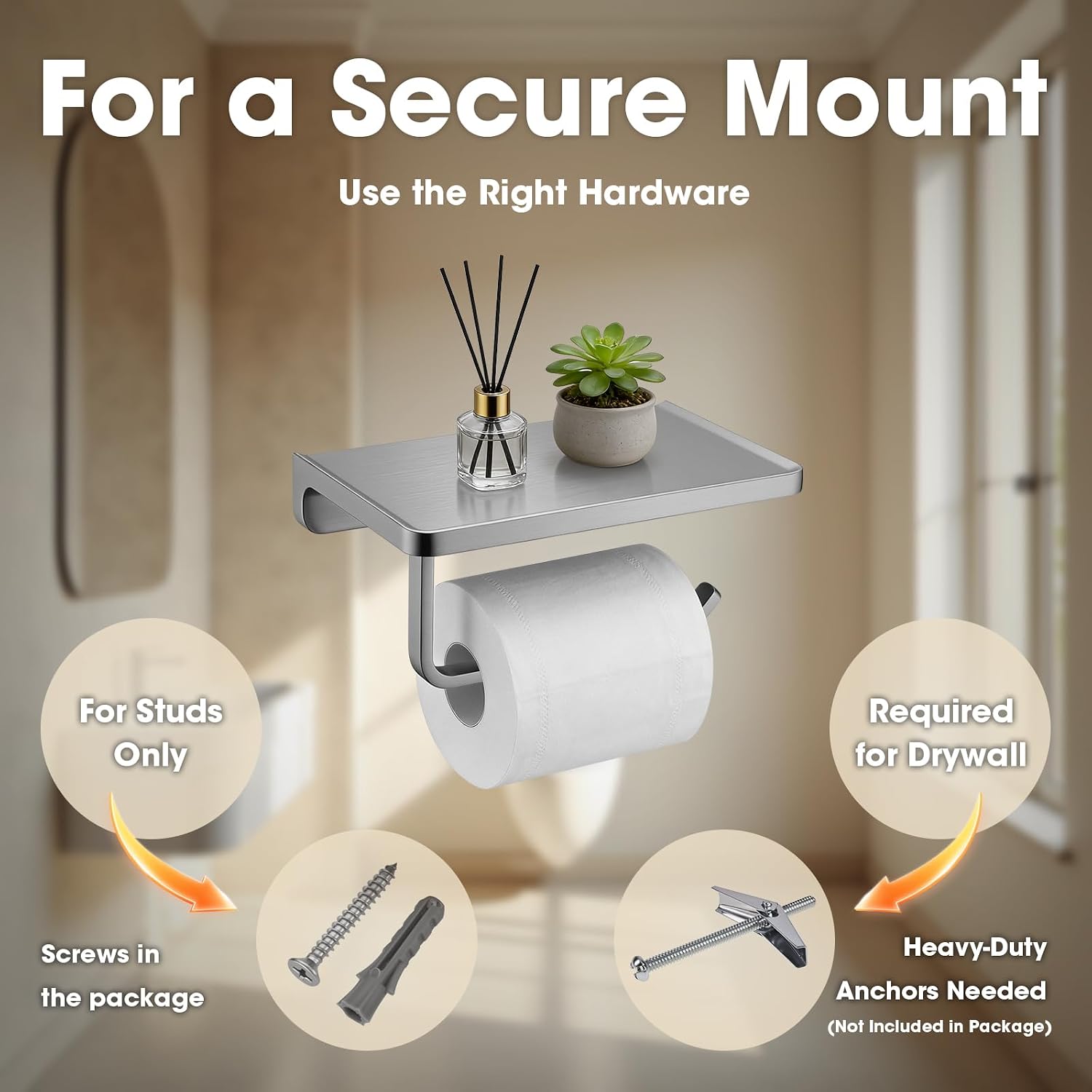 TRUSTMI Toilet Paper Holder with Shelf & Phone Stand, Brushed Nickel | Solid zinc alloy holder holds 15 lbs and fits