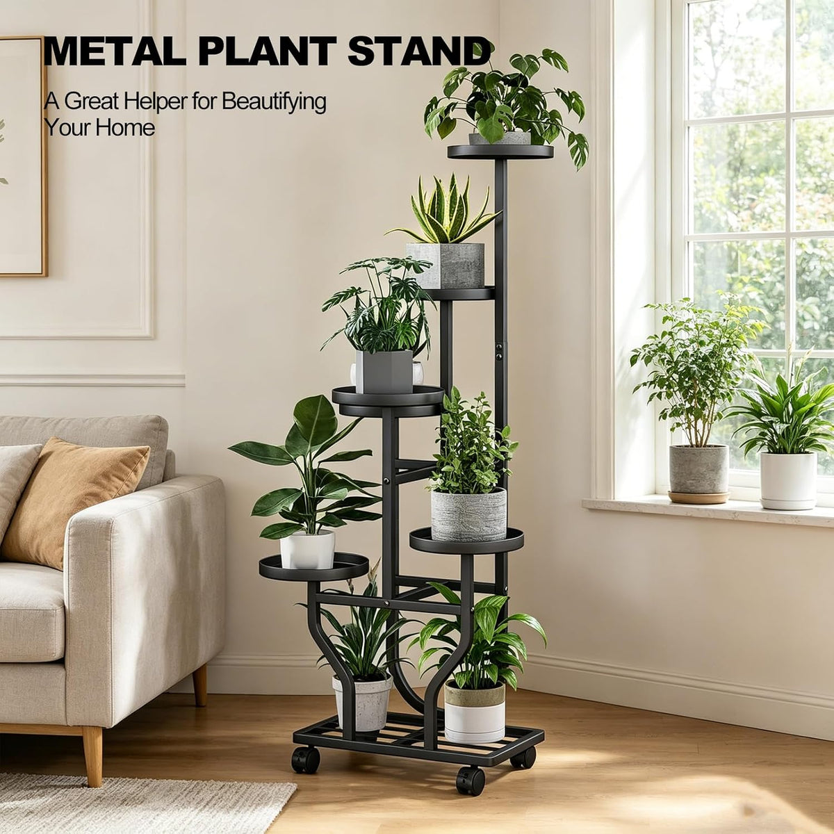 Plant Stand with Wheels, Black 6 Tier Metal Plant Shelf for Indoor Outdoor | Corner Plants Stand Indoor for Bedroom