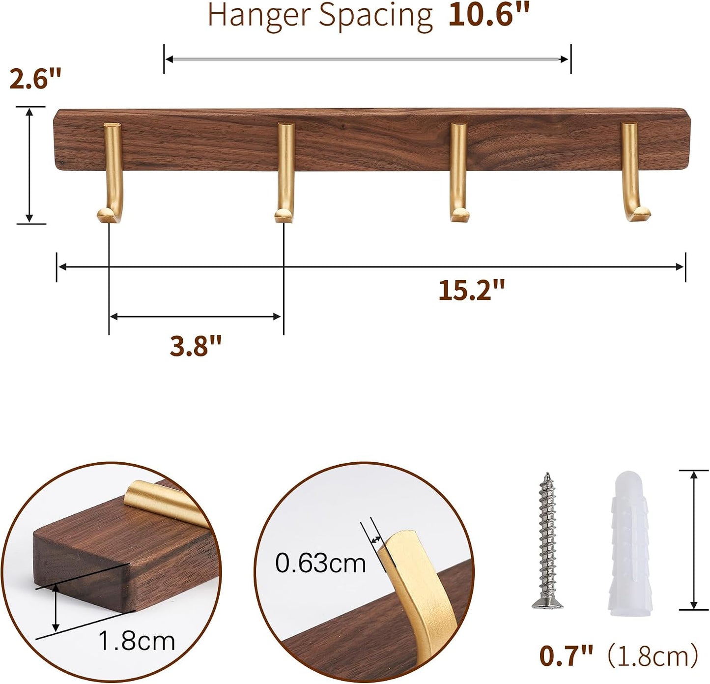 Wall Mounted Coat Rack, Metal Wood with 4 Hooks | Entryway Hanging, For Coat, Scarf, Bag, Towel, Key, Cap, Hat, Walnut