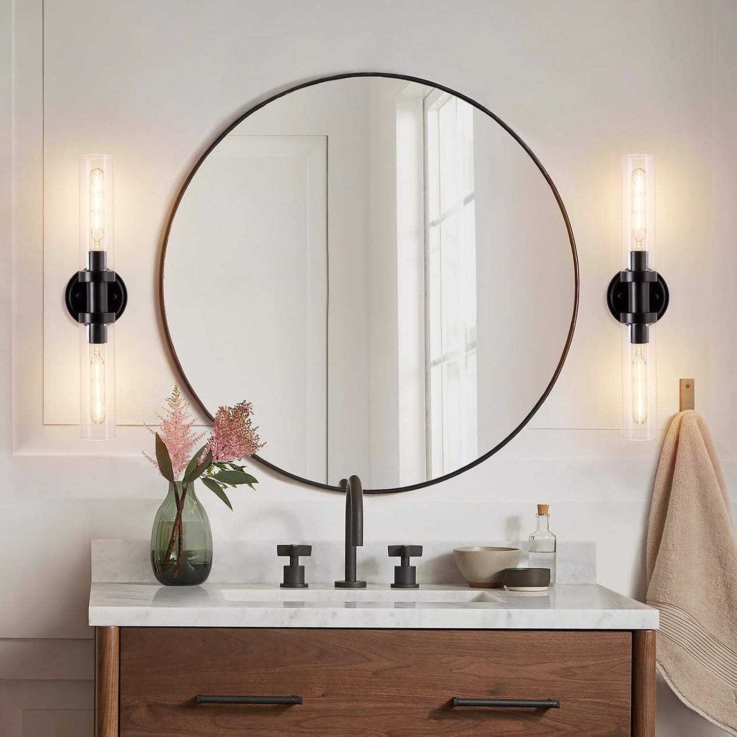 Black Sconces Wall Lighting, Bathroom 2-Light Vanity Light W/Clear Glass Shade, Modern Wall Mounted Lights for Mirror