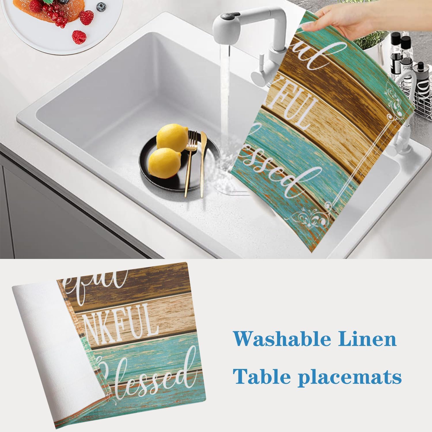 Farmhouse Table Placemats Set of 8 Thanksgiving Place Mats | Teal Linen Wipeable Heat Resistant Washable Fabric