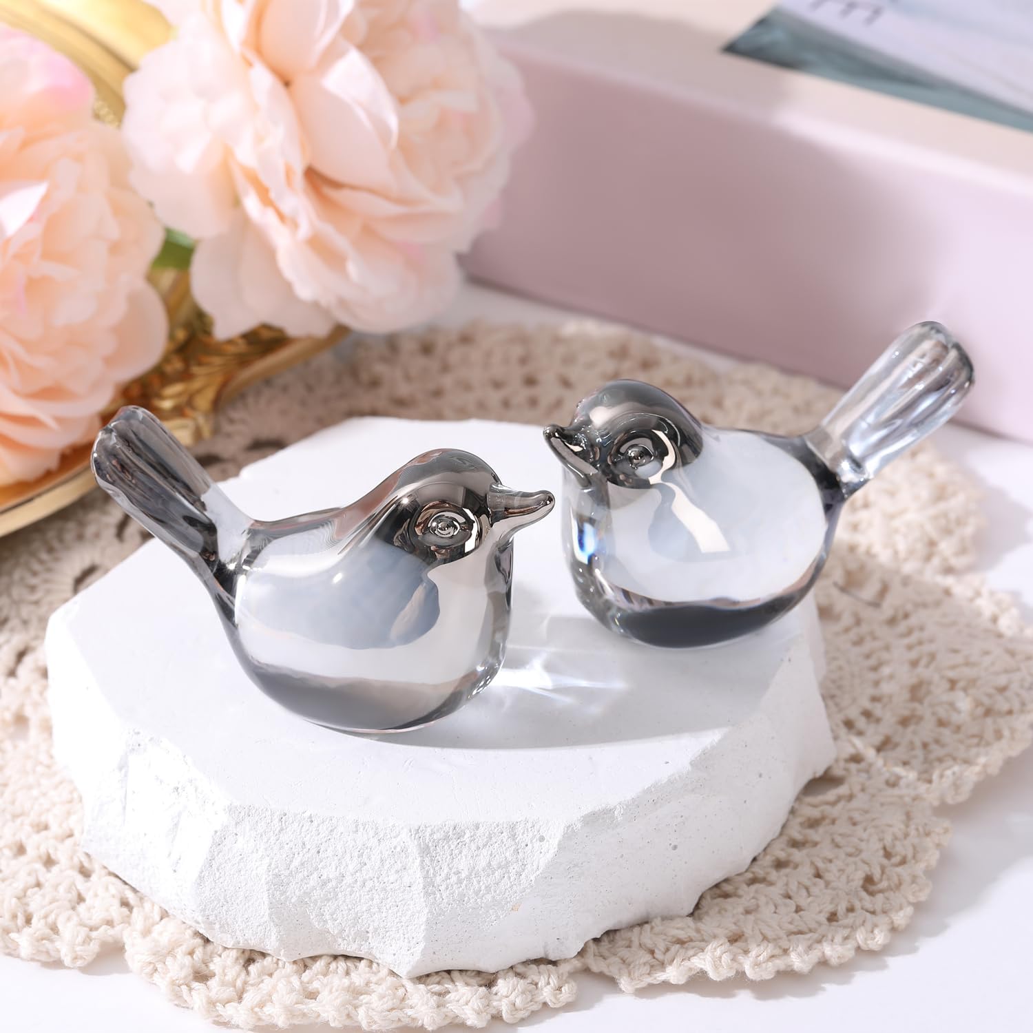 Small Bird Figurines Home Decor Glass Crystal Bird Statue Modern Style Decorative Ornaments / Silver