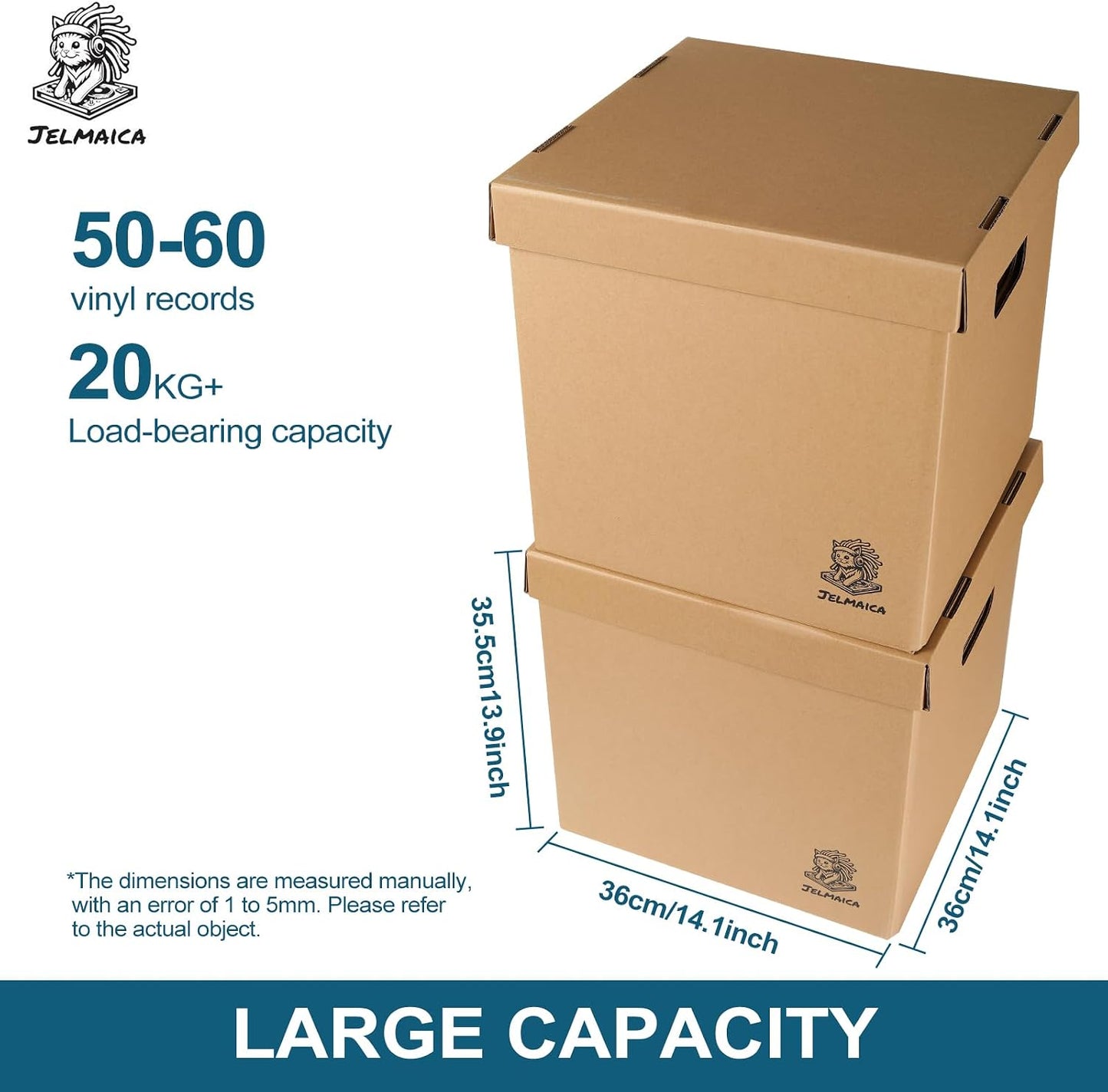 12" Vinyl Record Storage and Moving Box, Holds 60 Records or LPs, 2-Pack | Durable Cardboard with Removable Lid