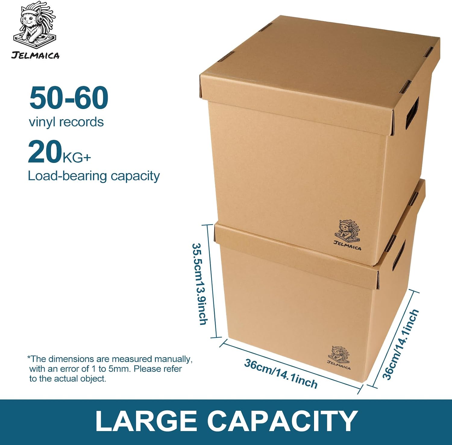 12" Vinyl Record Storage and Moving Box, Holds 60 Records or LPs, 2-Pack | Durable Cardboard with Removable Lid