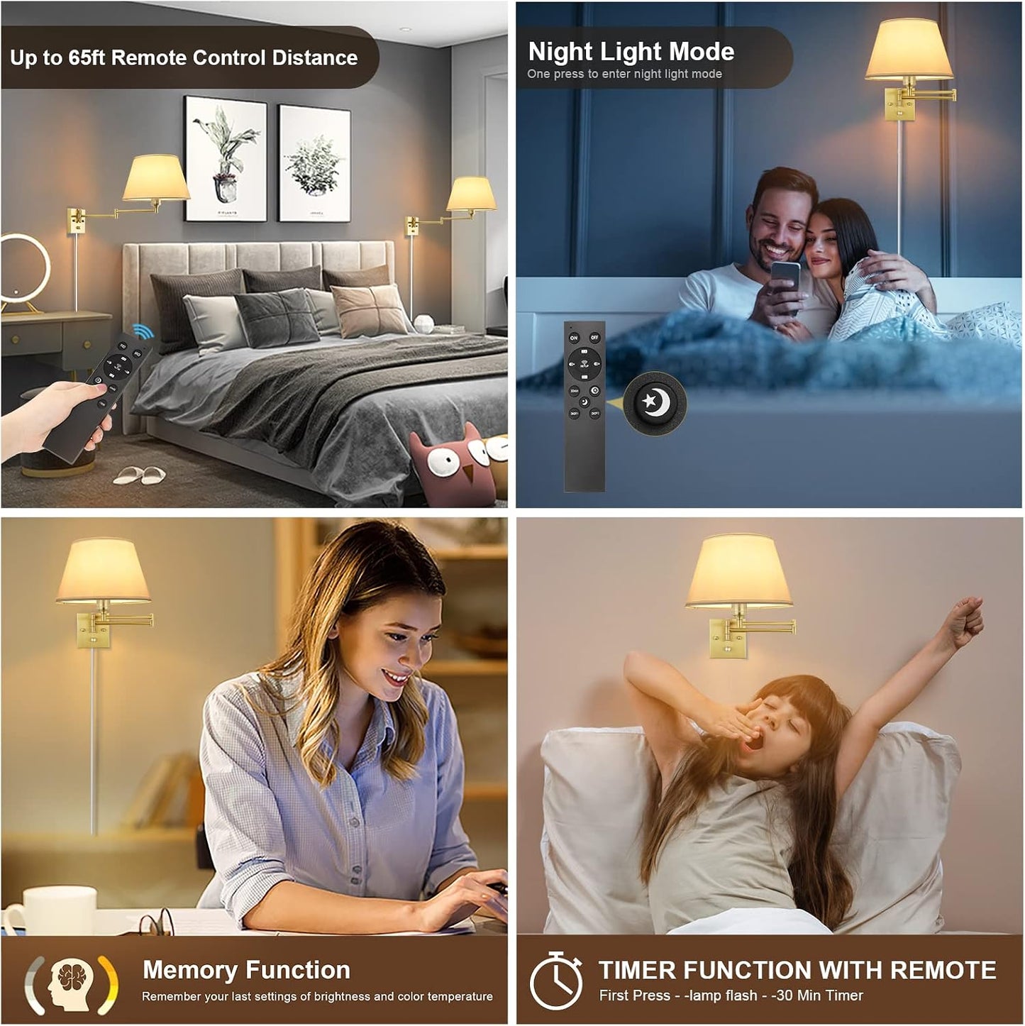 TRLIFE Remote Control Dimmable Wall Sconce, Adjustable Color Temperature 2700K-6500K Brushed Brass Swing Arm Wall