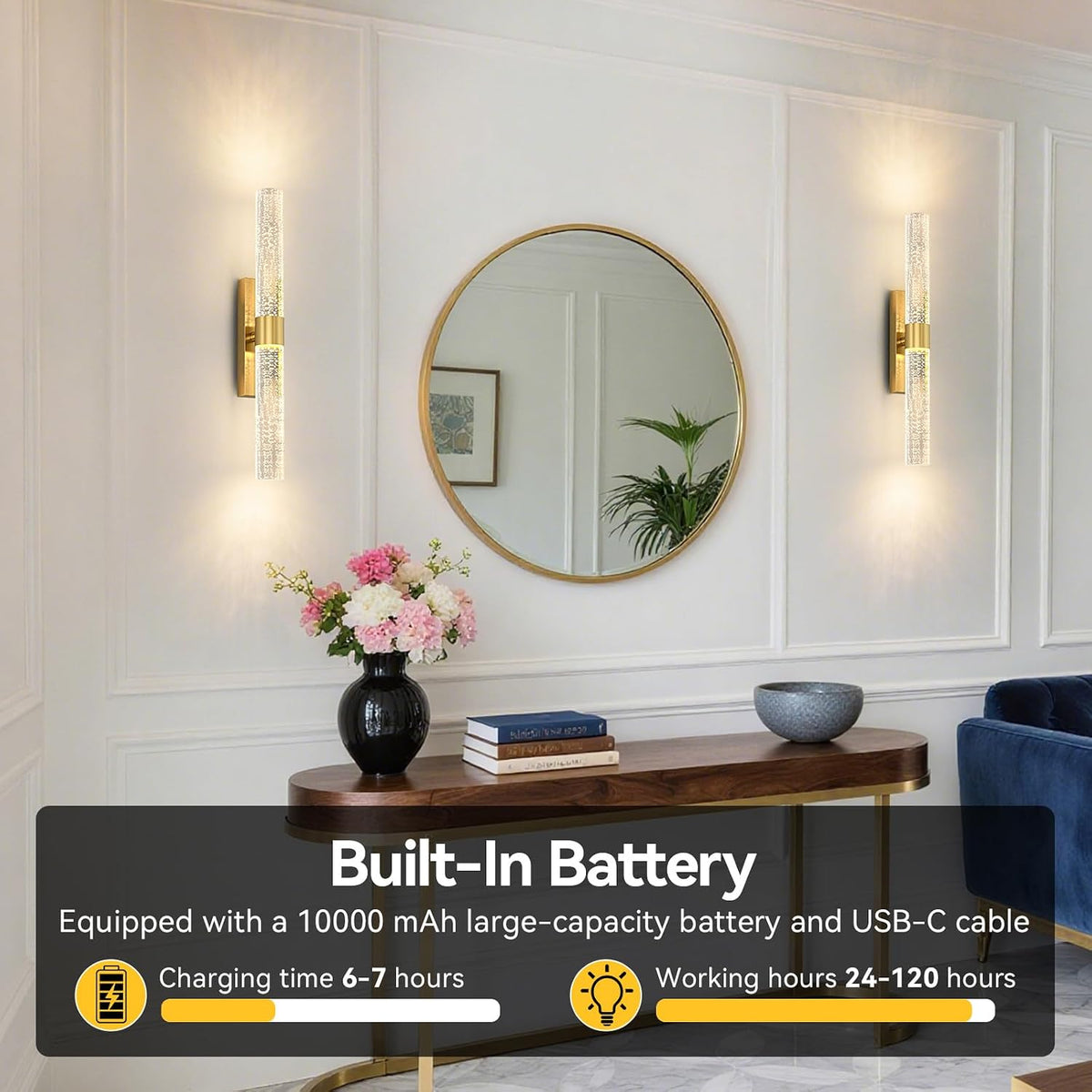 Battery Operated Wall Sconces Set of 2, 10000mAh Gold Rechargeable Wall Lights with Remote, Dimmable Wireless Wall Lamp