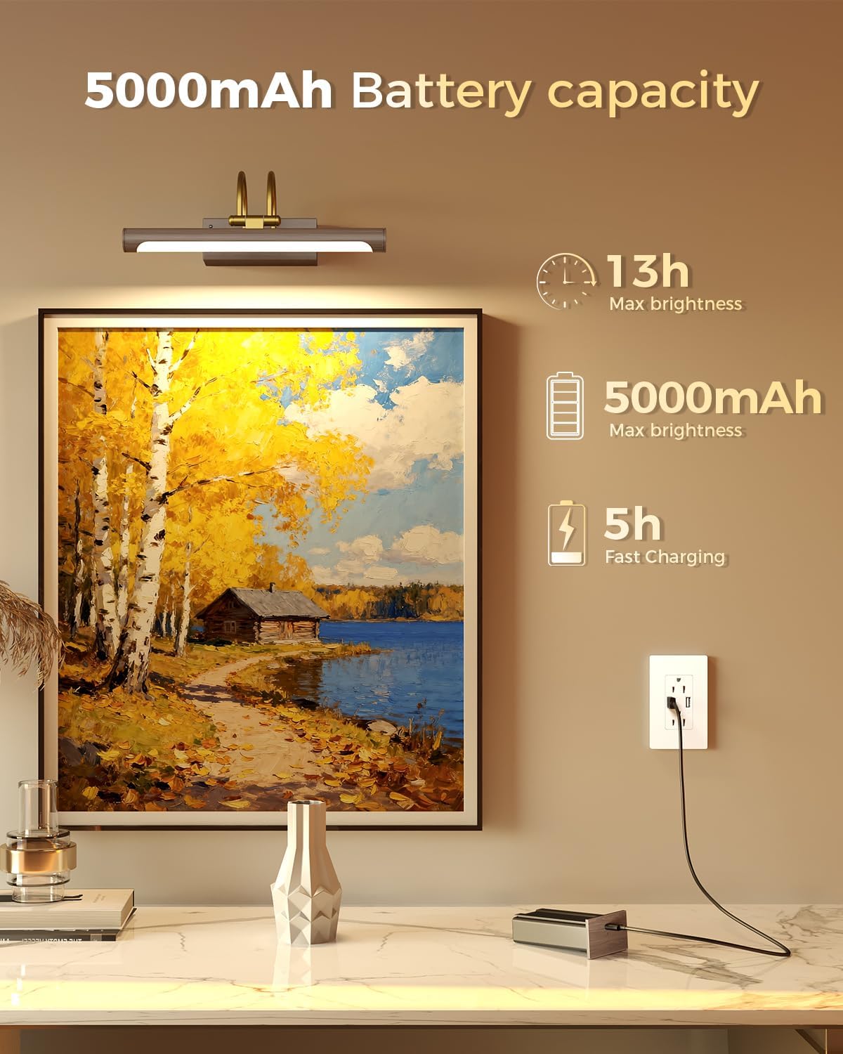 Picture Light, 12.6″ Wireless Battery Operated Rechargeable LED Wall Light with Remote, Dimmable Art Light with Timer