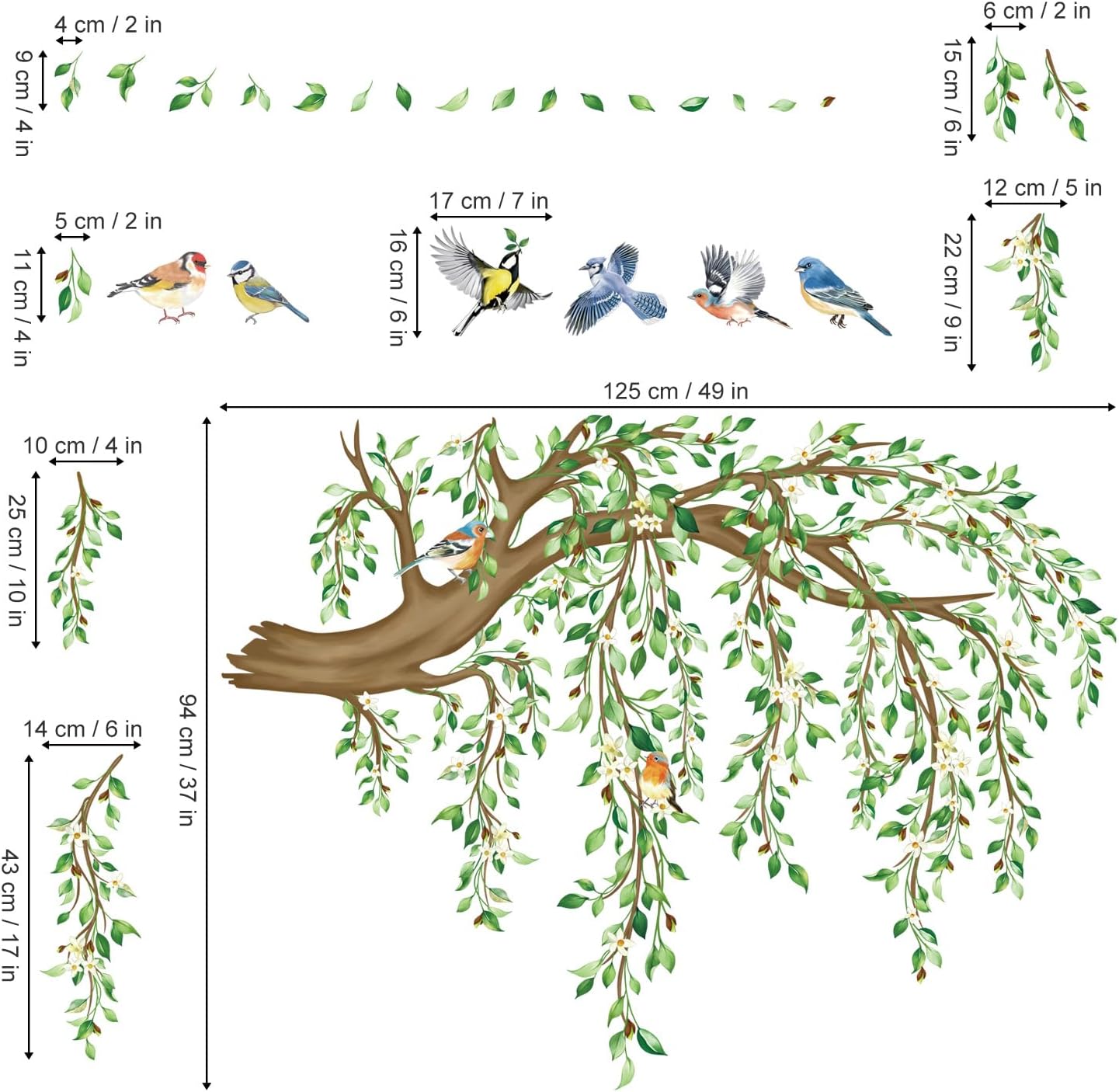 Large Hanging Vine Wall Stickers Tree Branch Green Leaf Flower Birds Wall Decals Living / Green Tree