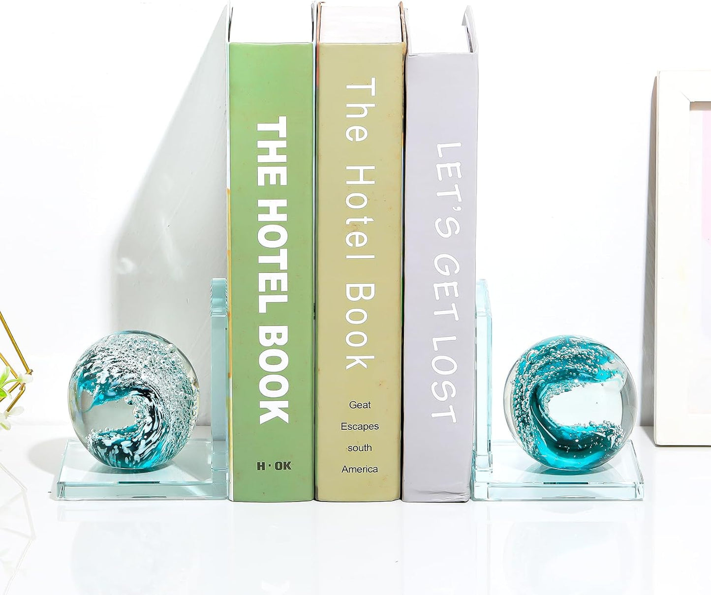 Hand Blown Ocean Waves Ball Glass Decorative Non Skid Bookends / Dark Green
