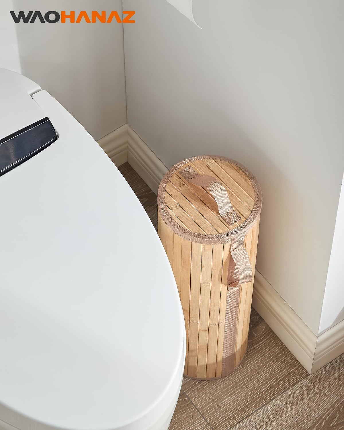 Bamboo Toilet Paper Storage Basket with Lid & Handle - 10L Handwoven Bathroom Organizer for 4 Rolls - Sturdy Stand