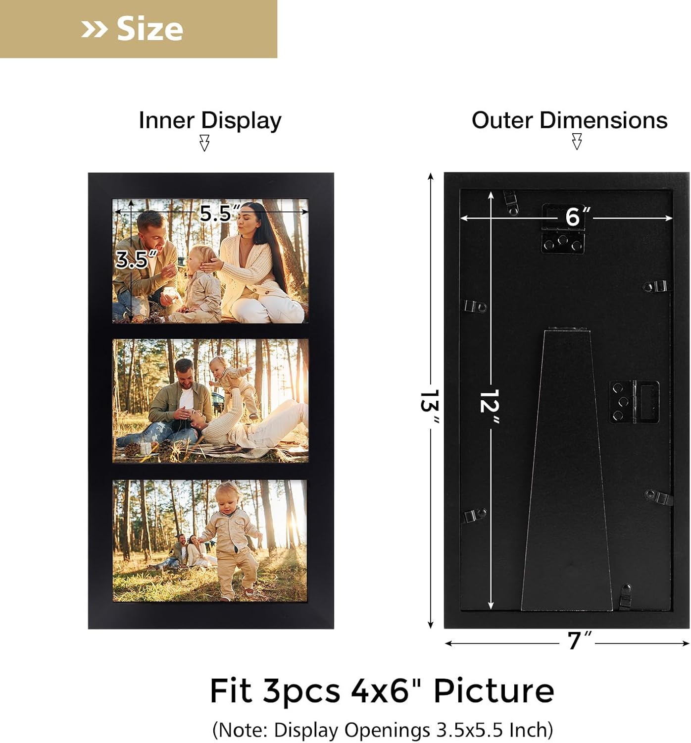 Picture Frame / Real Glass for Tabletop Or Wall Mounting / 4 x 6 / 3 Openings / Black