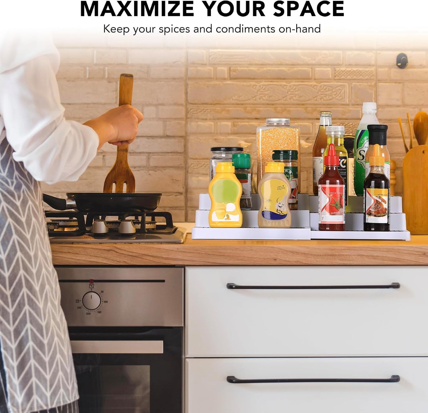 CiWiVOKi 3-Tier Expandable Spice Rack, Plastic Spice Rack Organizer for Cabinet, Adjustable Length, Non-Skid Spice