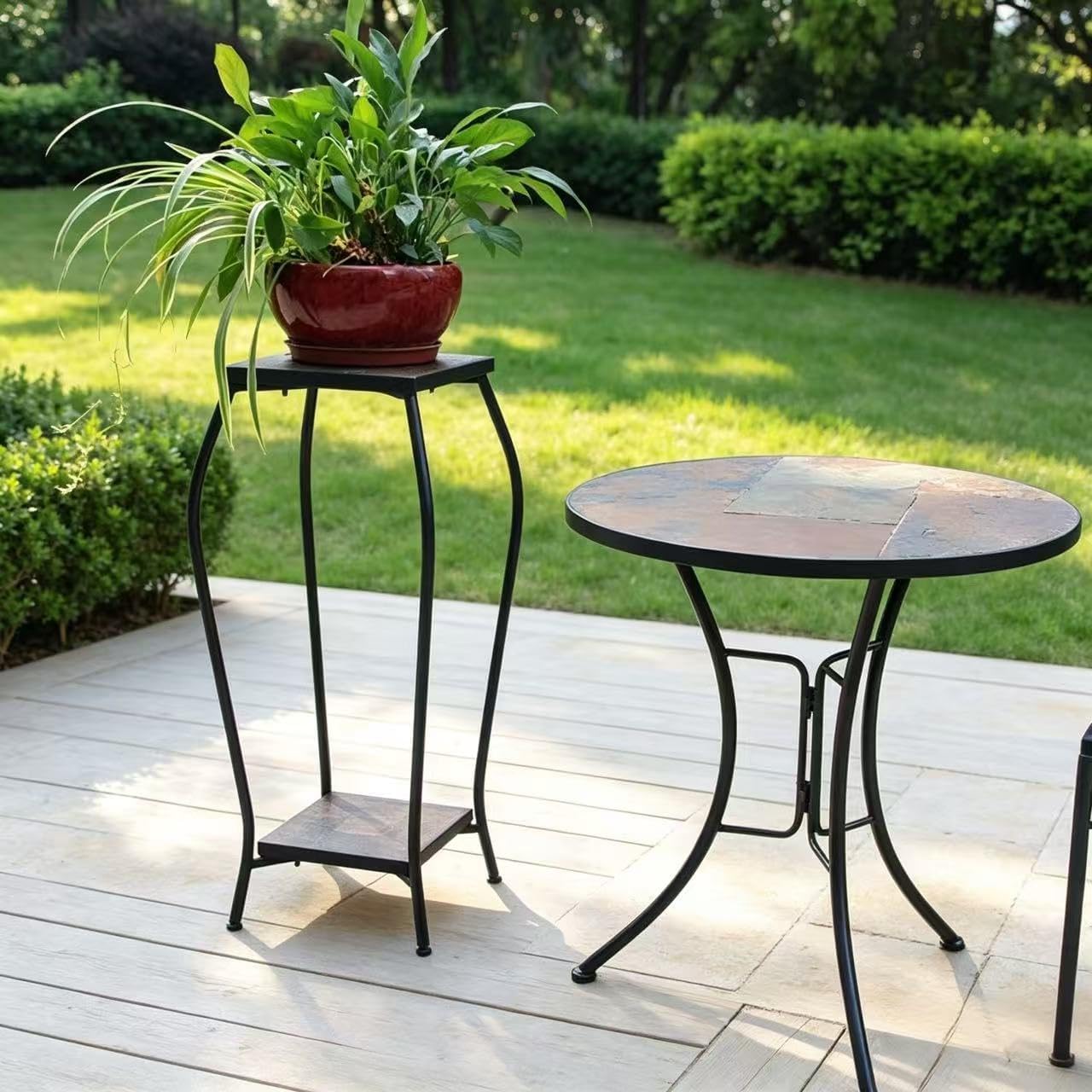 Zhongma 2 Tier 30" Tall Plant Stand with Colorful Slate Top for Balcony, Home, Garden, Backyard Patio with Adjustable