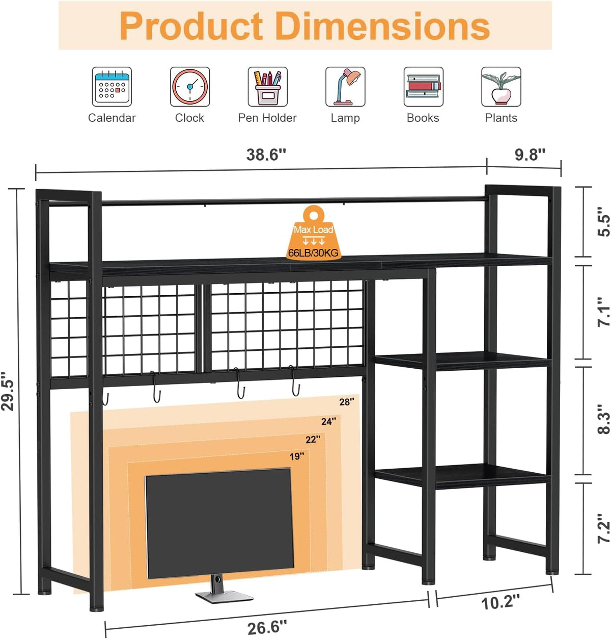 Snughome Desk Shelf, 38.6" Desktop Organizer Shelf, Desk Hutch for Computer Monitor, 4 Tier Desk Display Rack with