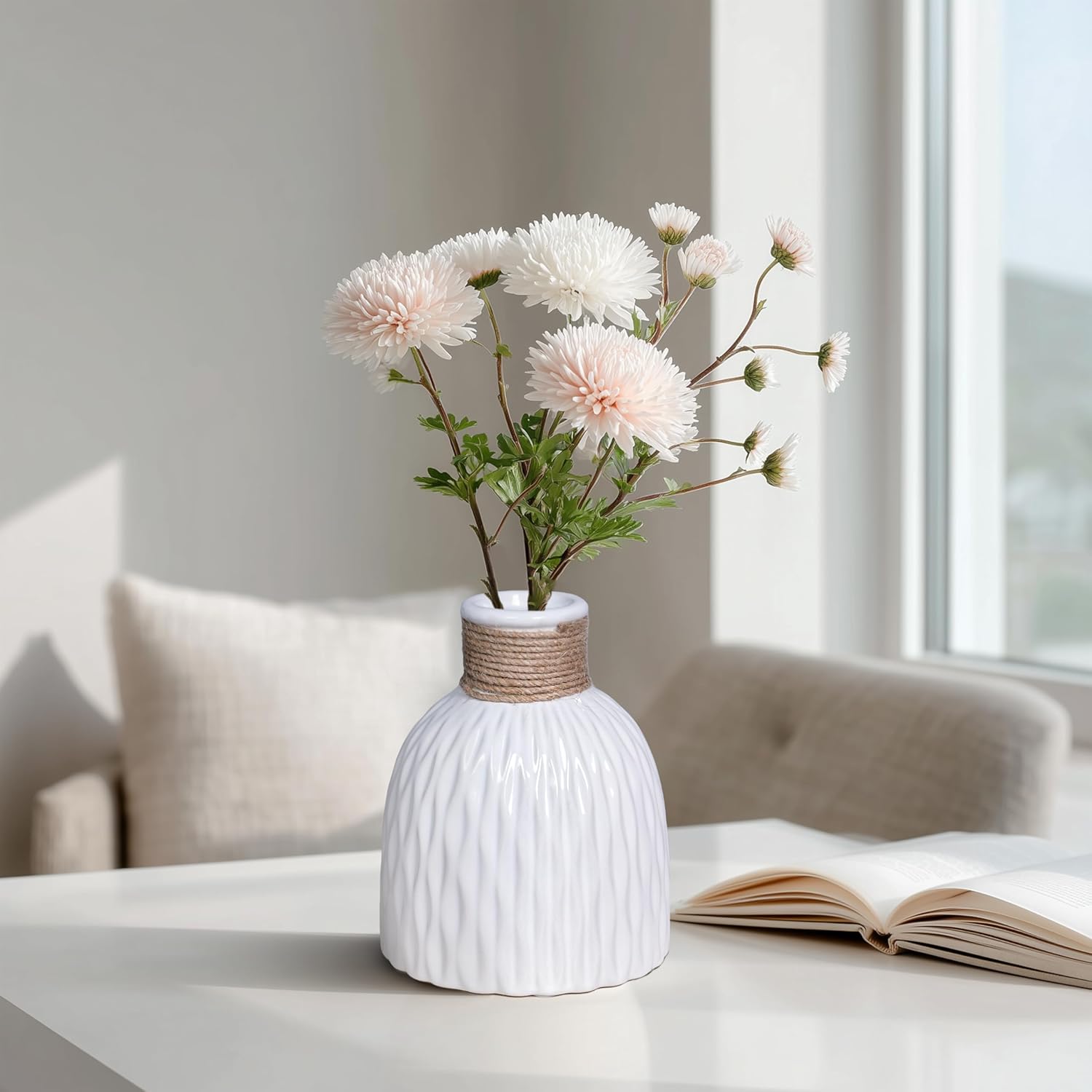 Ceramic Vase / Modern Textured Vases Home Decor / White / 6 Inch