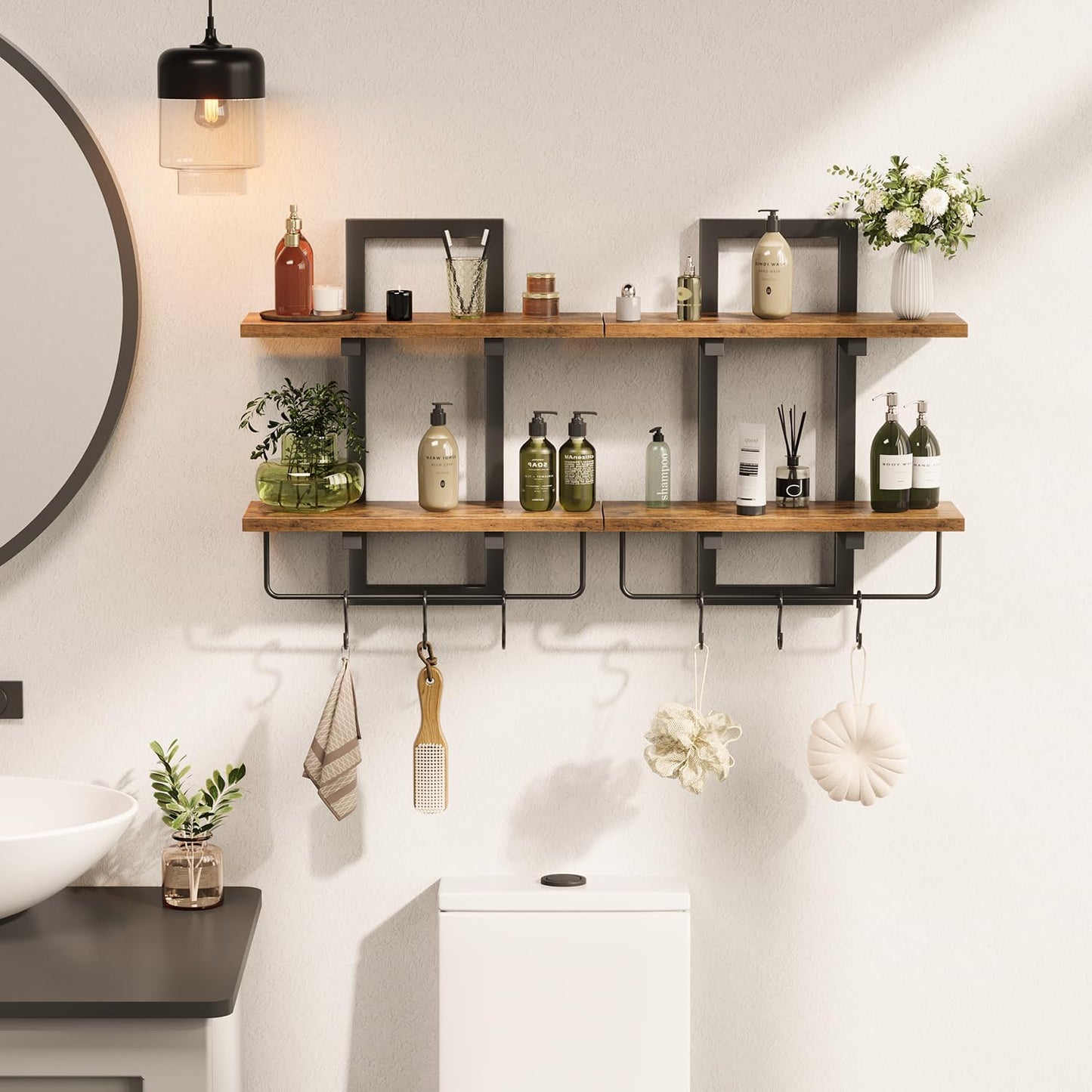 Floating Shelves / 6 Hooks / Rustic Brown + Black / Set of 2