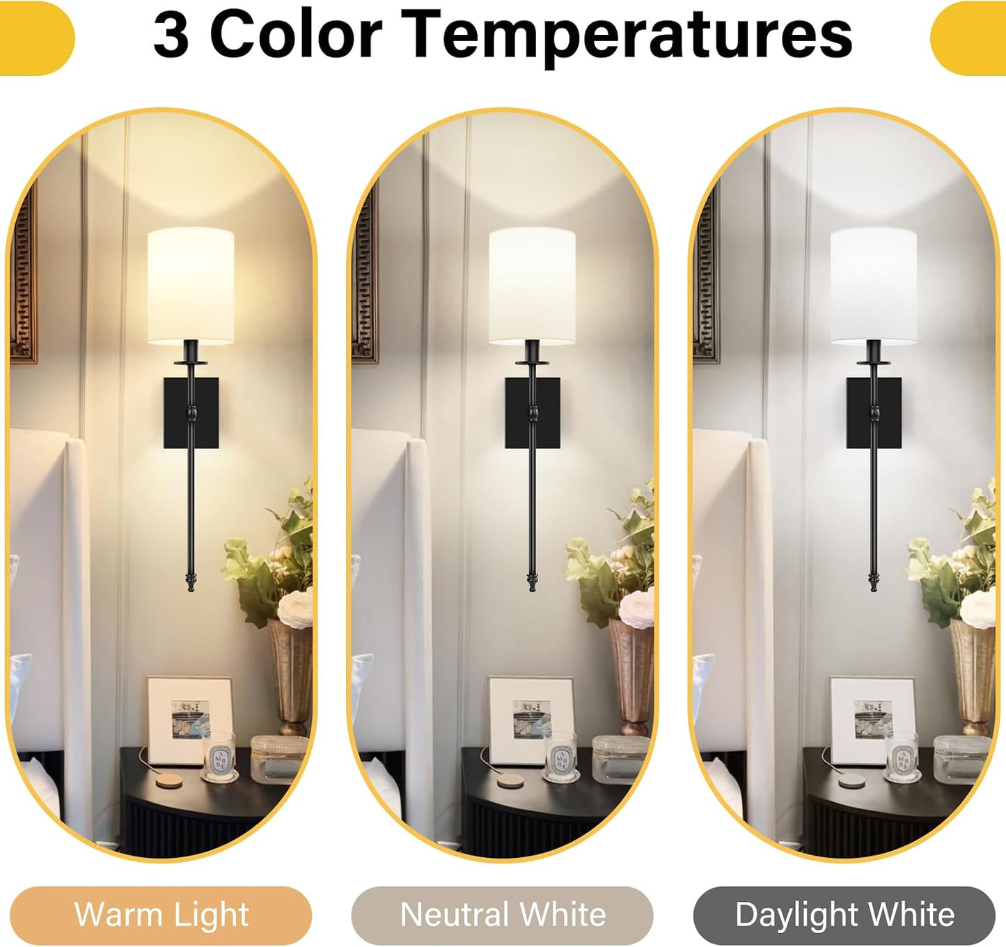 27 Inch Black Battery Operated Wall Sconces Set of 2, Rechargeable Wireless Wall Lights with Remote & White Fabric