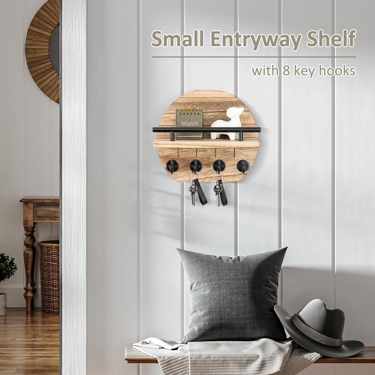 Key Holder / Shelf and 8 Key Hooks / Wood / 9.8 Inch