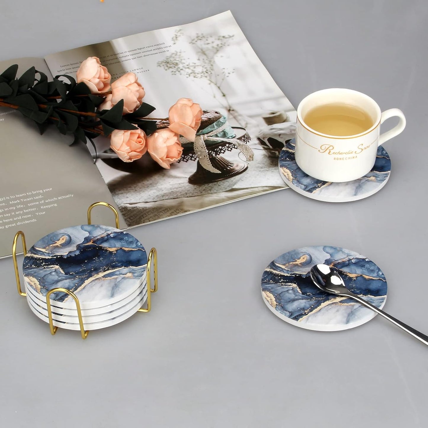Holder / Marble Abstract Round Ceramic Coasters / Navy Blue / Set of 6