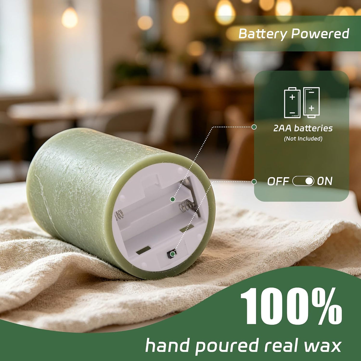 Olive Green Flameless Pillar Candles, Wax LED Candles with Remote | Realistic Battery Operated Decorative Candles