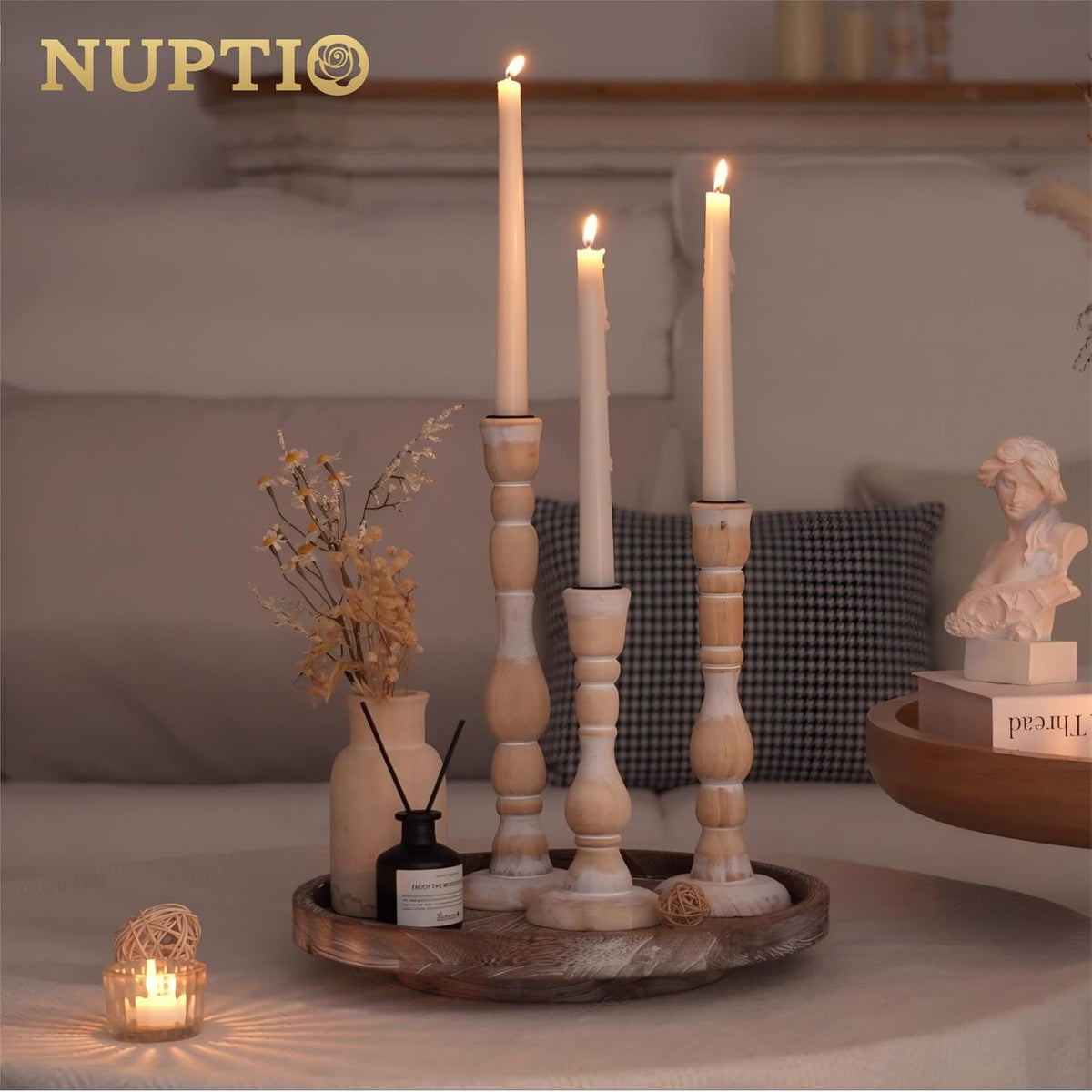 NUPTIO Tall Wooden Taper Candle Holders, Set of 6, Whitewashed | Modern Boho Farmhouse Style, Solid Pine Wood, Rustic