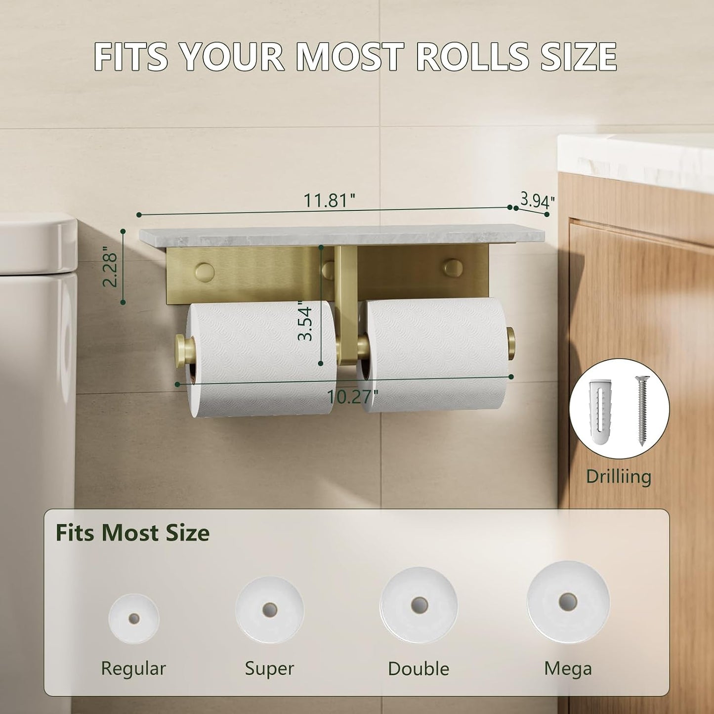Marble Toilet Paper Holder with Shelf Doulble Bathroom Tissue Roll Holder | Brushed Gold 304 Stainless Steel Toilet