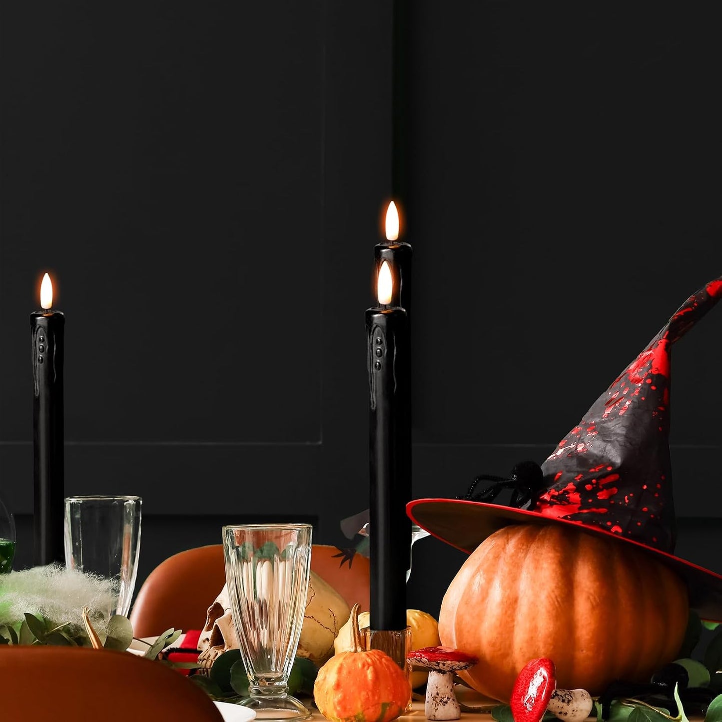 Black Dripping Wax Halloween Flameless Taper Candles with Remote Set of 6 | Flickering LED Candlesticks, 2 AAA Battery