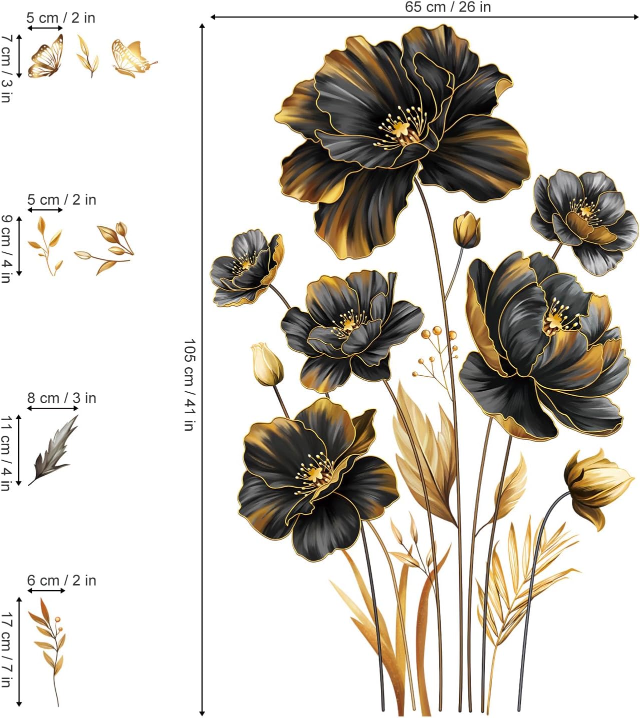 Large Gold Flower Wall Stickers Floral Gold Leaves Plants Butterfly Wall Decals Bedroom / Black