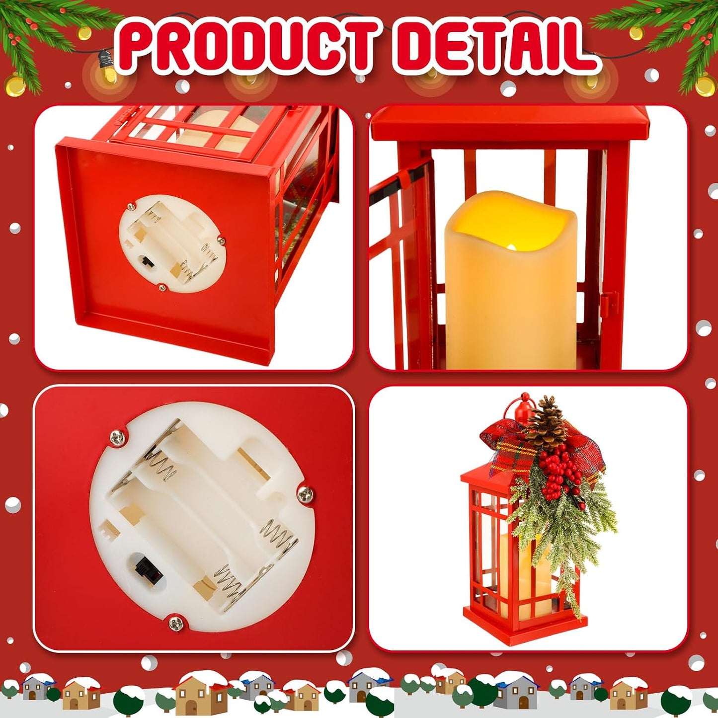 2 Pcs Christmas Metal Lantern with LED Flameless Hang Decor,Red,Berries