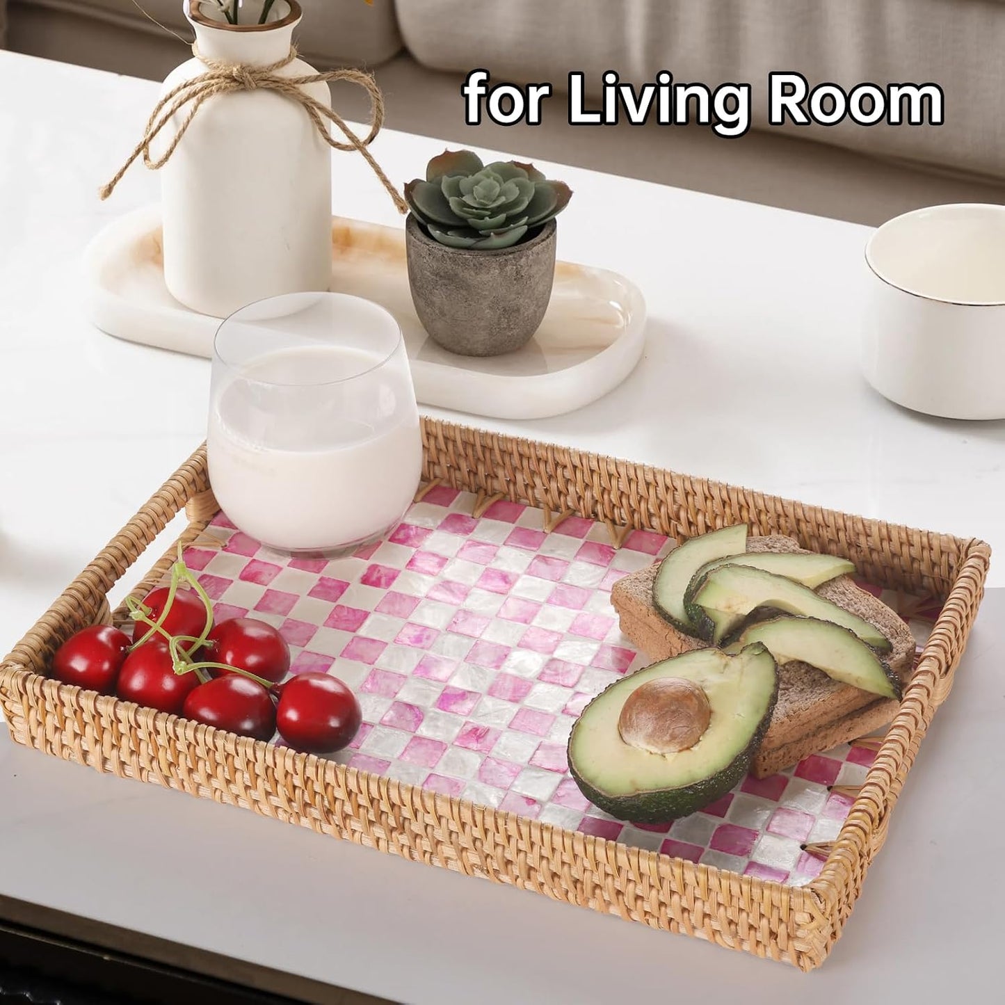Rattan Serving Tray / Pink Checkerboard