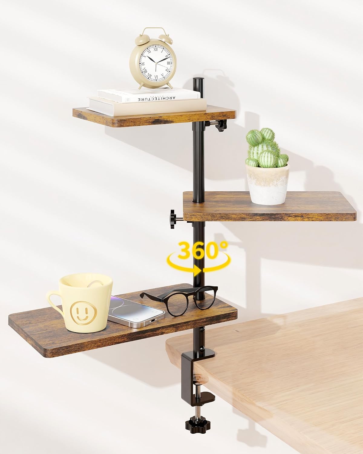 3 Tiers Clamp On Desk Shelf, 360° Angle Adjustable Desktop Shelf Organizer for Home Office Gaming Room, No Drill Desk